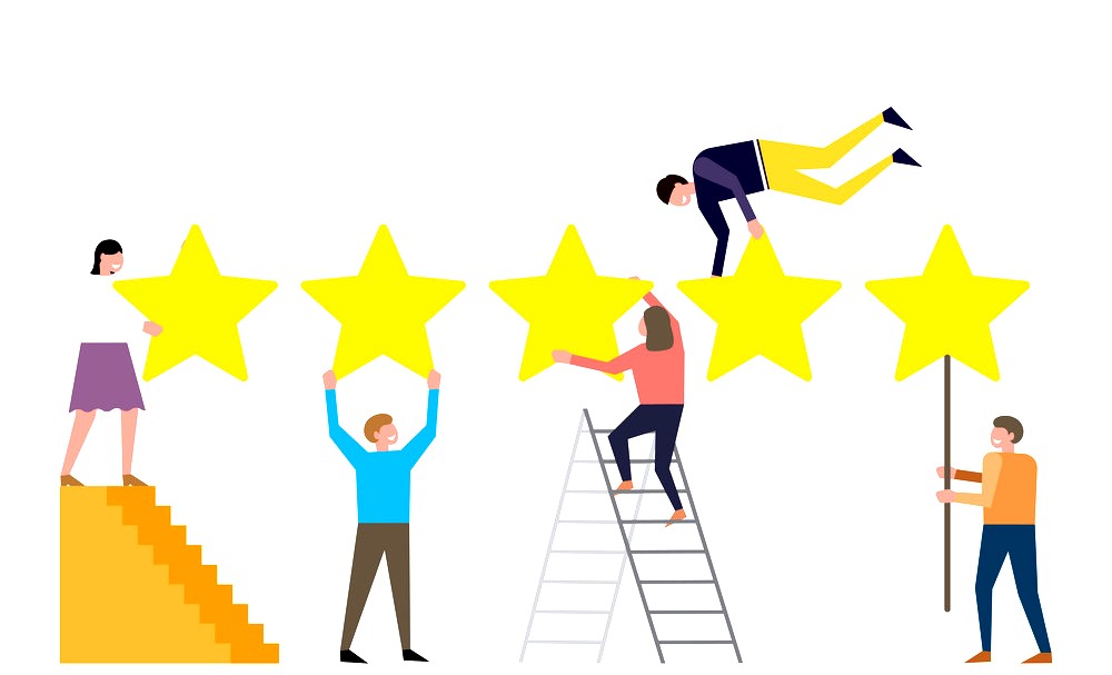 Rating on customer service, concept of feedback and comments. People are holding stars. vector illustration.